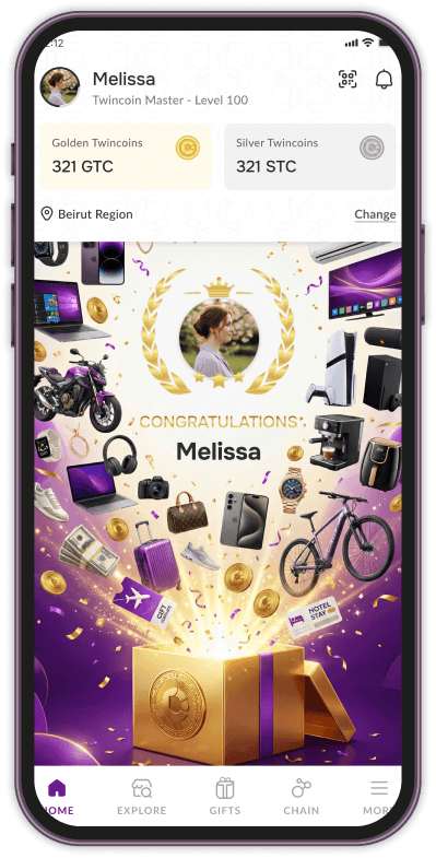 Twincoin app showing collected Twincoins and gift boxes