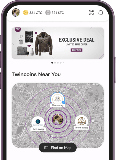 Twincoin app showing deals near you on the map